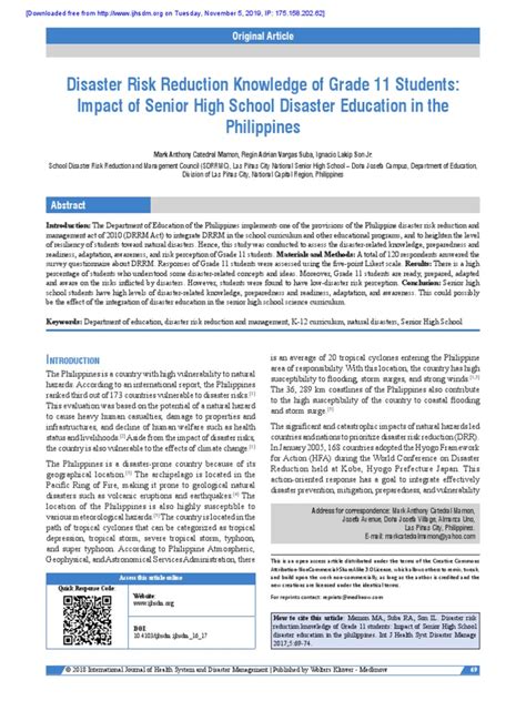Disaster risk reduction knowledge of Grade 11 students: Impact of .